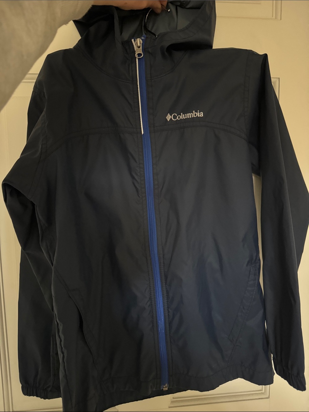 Columbia Navy Hooded Jacket with Bright Blue Zipper